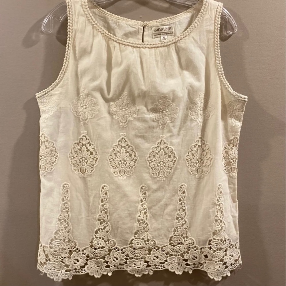 Sleeveless Lace Blouse with Braided Trim